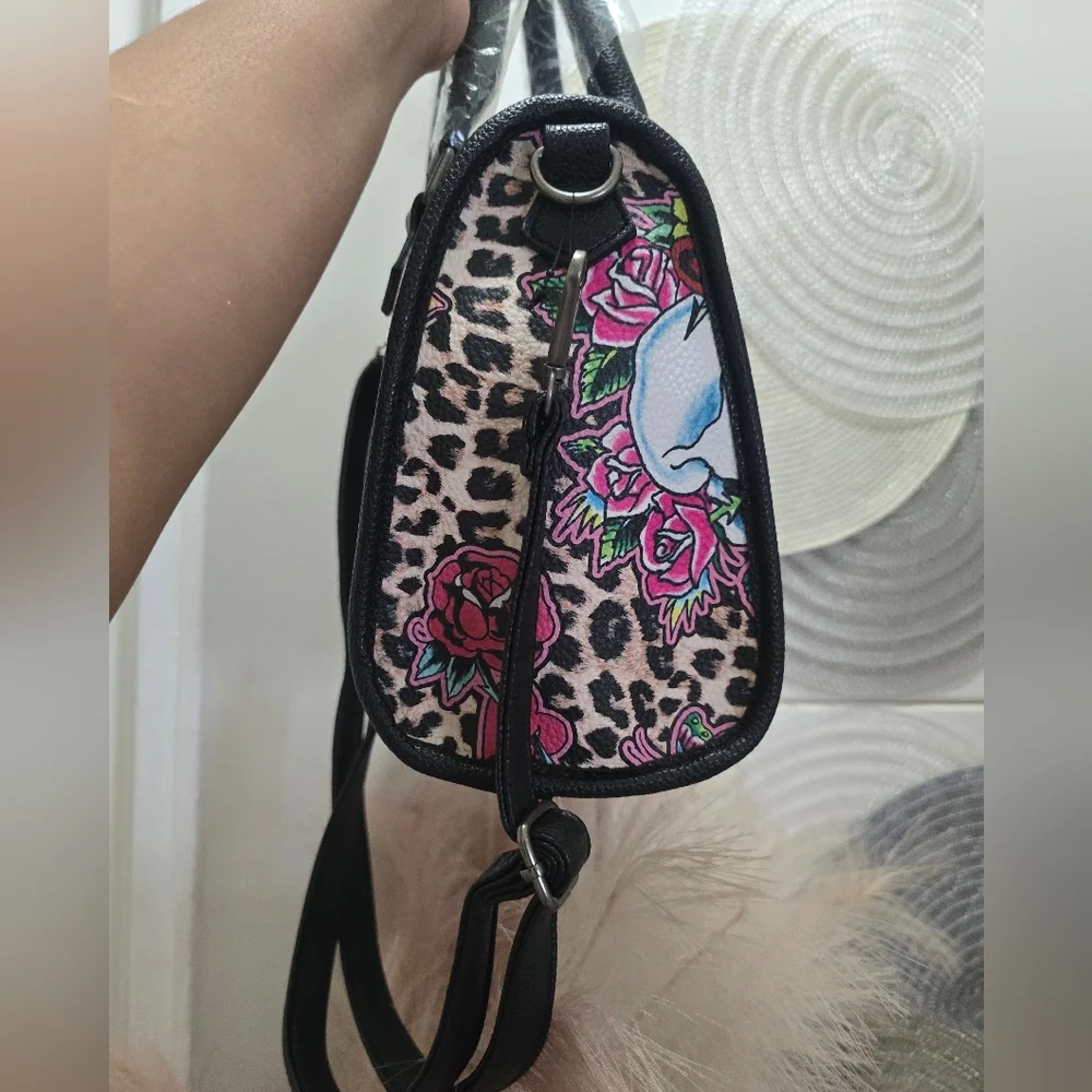 Ed Hardy Leopard Skull Floral Satchel - Black, Pink, Red